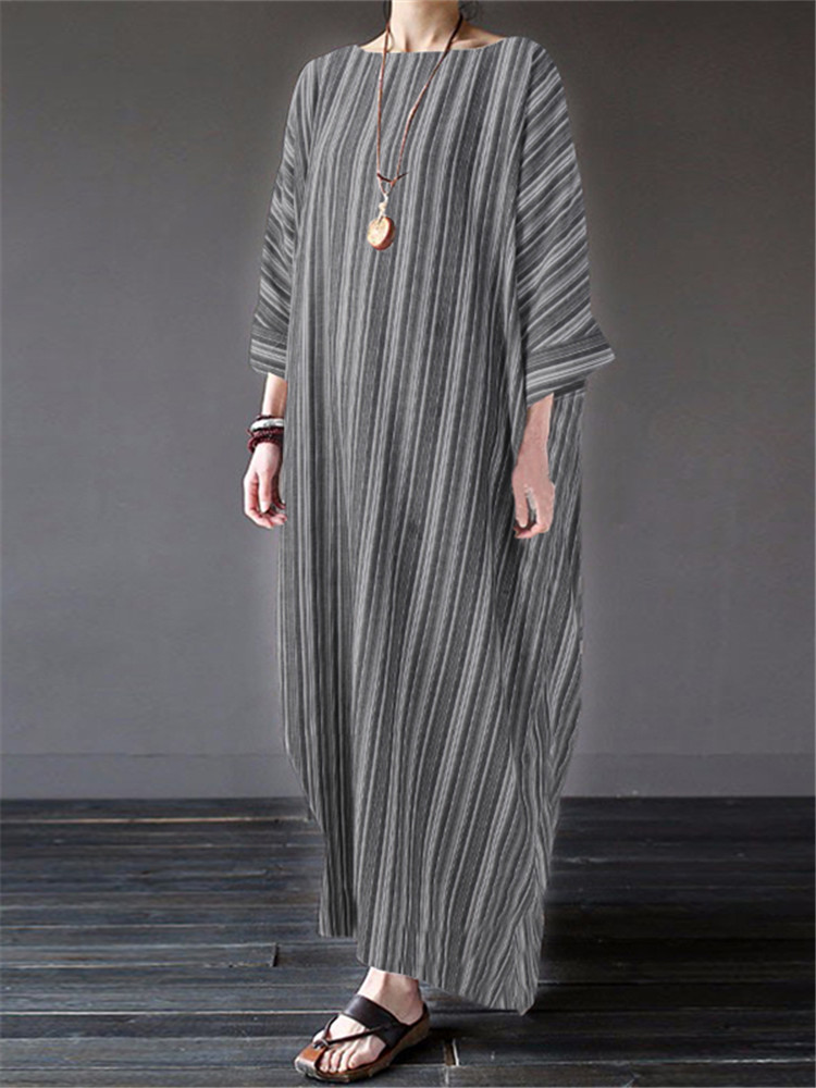 S-5XL-Vintage-Women-Cotton-Loose-Striped-Long-Sleeve-Dress-1369631