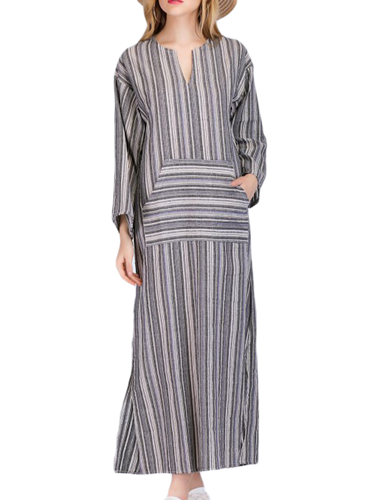 Women-Casual-Stripe-V-neck-Big-Pocket-Long-Maxi-Dress-1323007