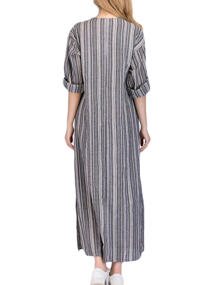 Women-Casual-Stripe-V-neck-Big-Pocket-Long-Maxi-Dress-1323007