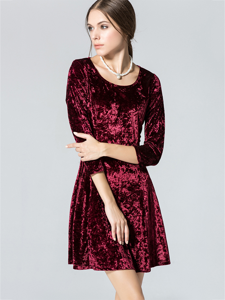 Elegant-Women-34-Sleeve-Gold-Velvet-Pure-Color-Round-Neck-Slim-Dress-1111569