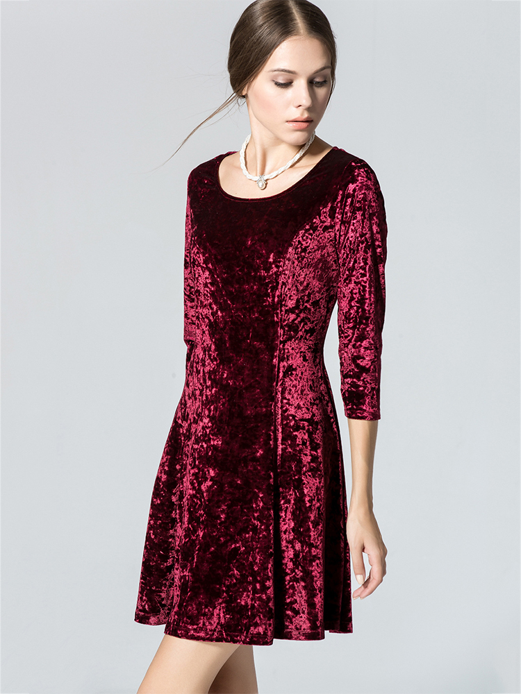 Elegant-Women-34-Sleeve-Gold-Velvet-Pure-Color-Round-Neck-Slim-Dress-1111569