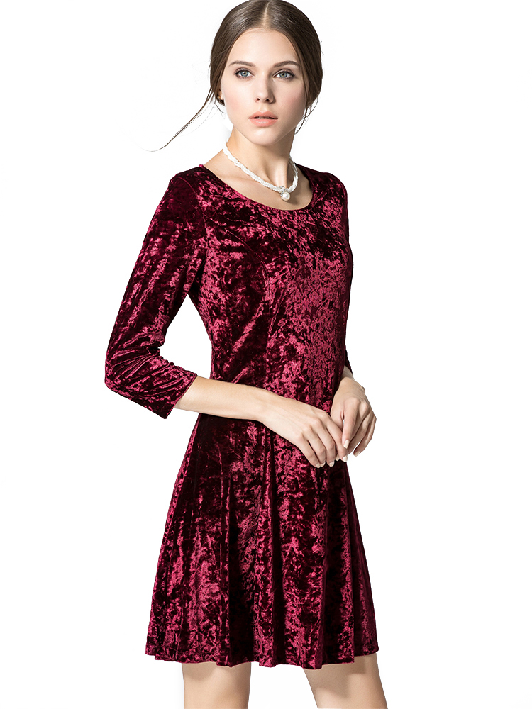 Elegant-Women-34-Sleeve-Gold-Velvet-Pure-Color-Round-Neck-Slim-Dress-1111569