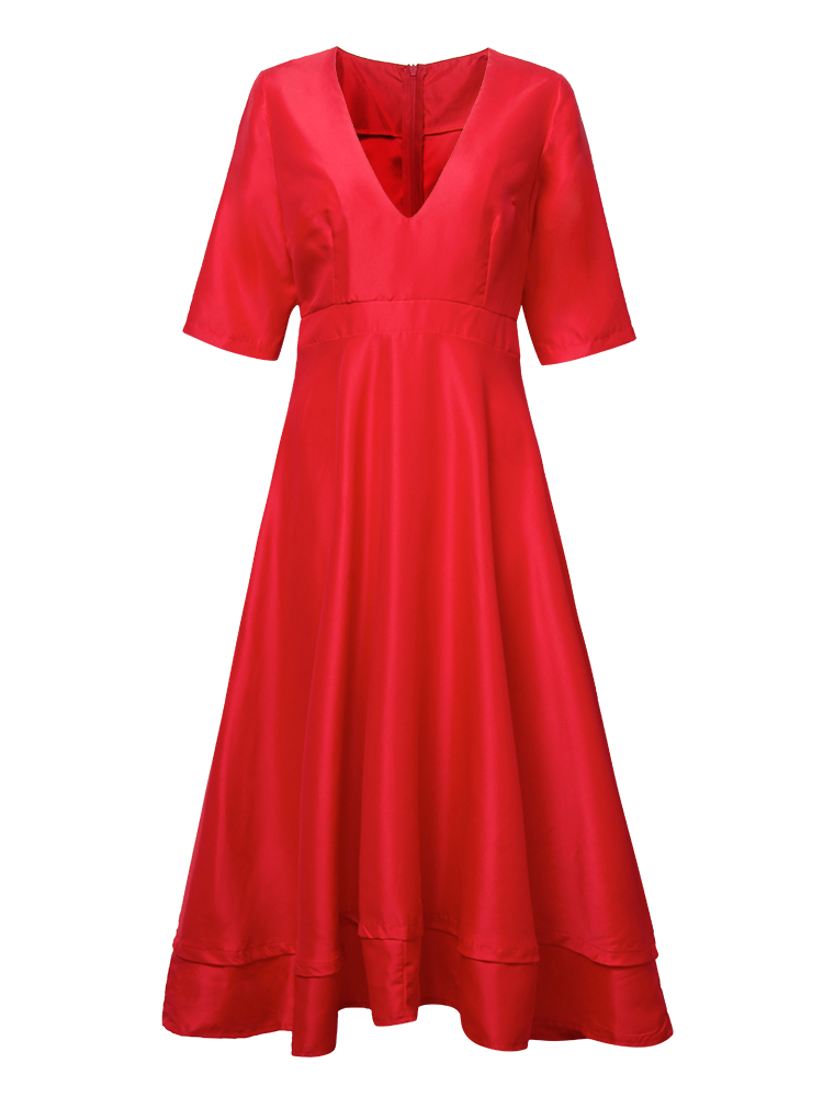 Elegant-Women-Deep-V-Neck-Pure-Color-Long-Dress-1118974