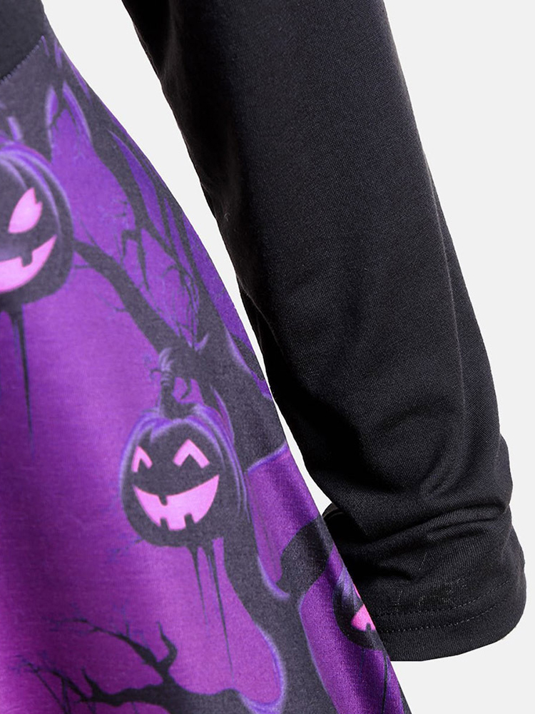 Halloween-Pumpkin-Horror-Print-Patchwork-Crew-Neck-Long-Sleeve-Dress-1358079