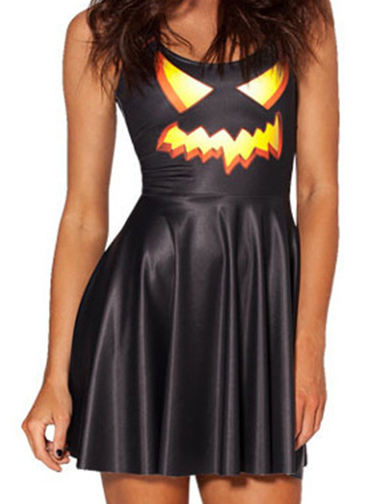 Halloween-Women-Pumpkin-Head-Blood-Skeleton-Print-Mini-Party-Dress-1204339
