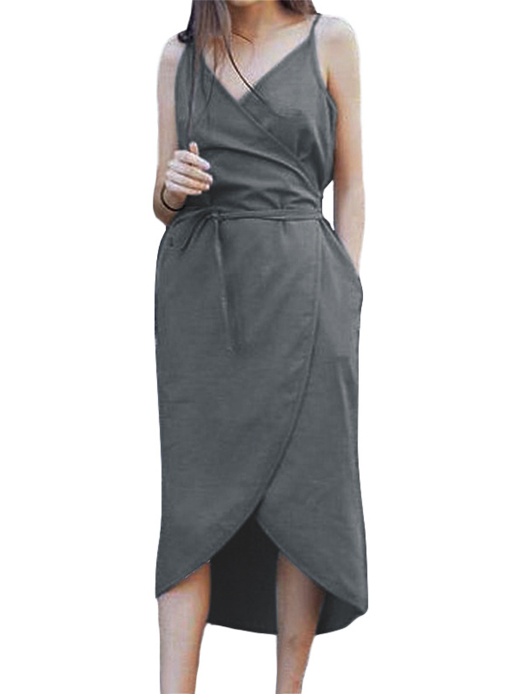 M-5XL-Women-Solid-Color-V-Neck-Strap-Dress-with-Belt-1447442