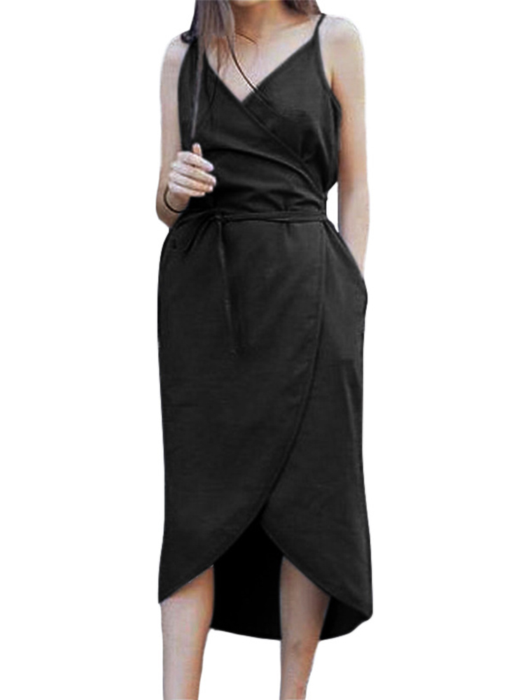 M-5XL-Women-Solid-Color-V-Neck-Strap-Dress-with-Belt-1447442