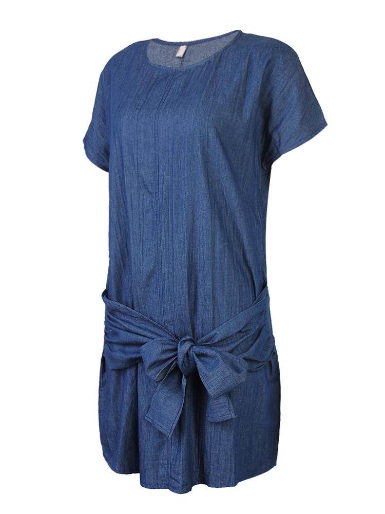 Casual-Women-Short-Sleeve-Denim-Irregular-Bowknot-Belt-Mini-Dress-1069596