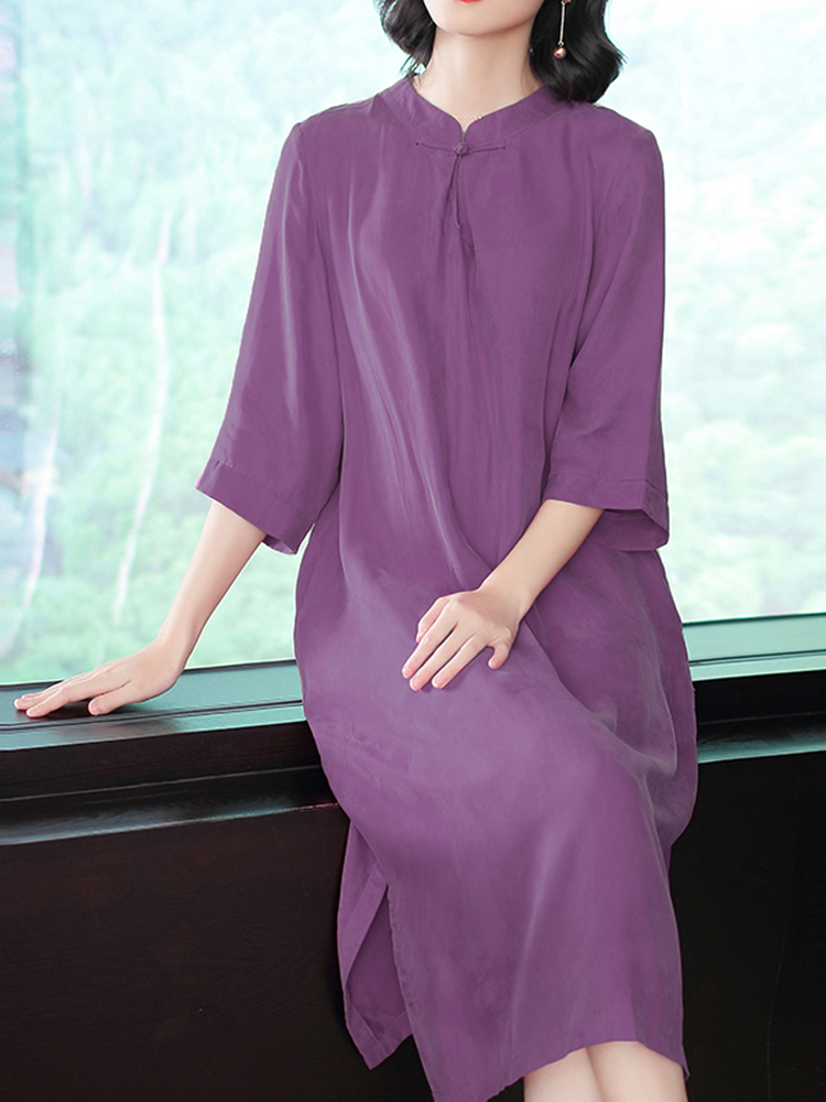Retro-Women-Solid-Color-34-Sleeve-Cheongsam-Dress-1417002