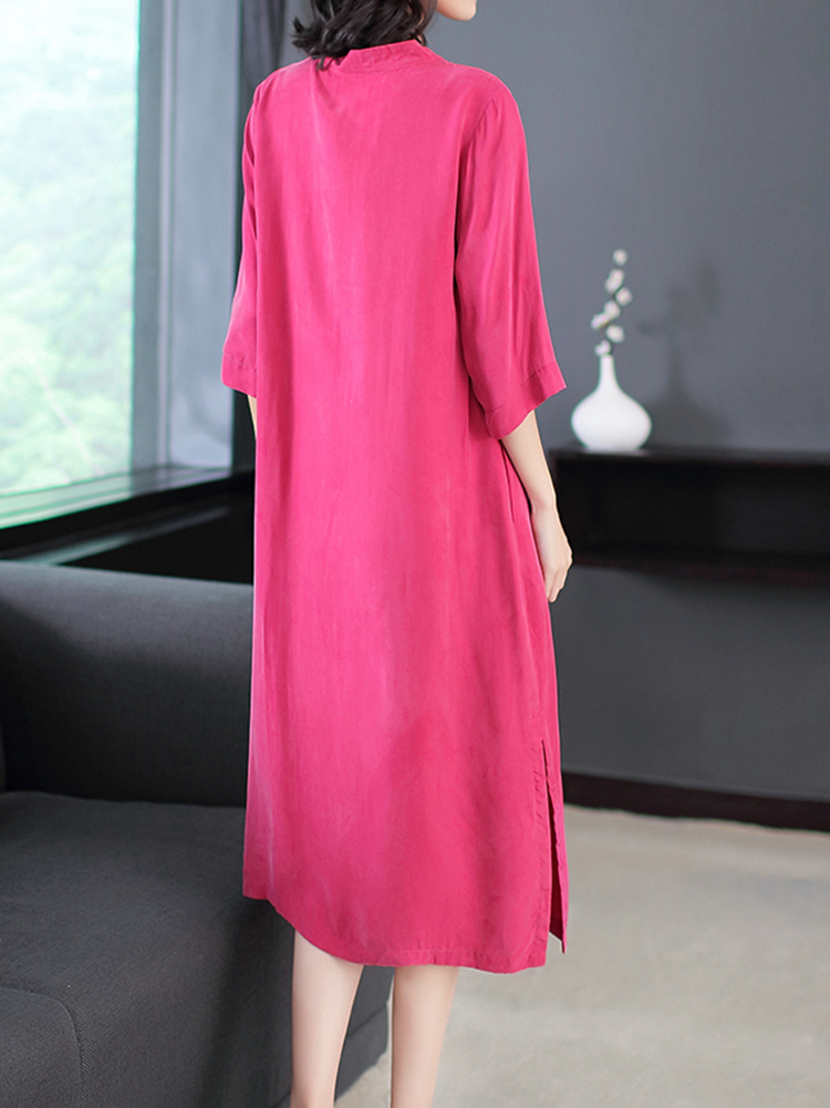Retro-Women-Solid-Color-34-Sleeve-Cheongsam-Dress-1417002