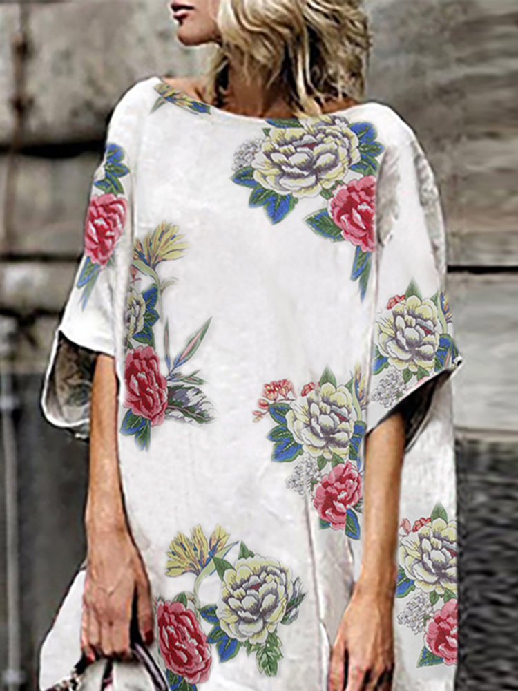 S-5XL-Women-Loose-Floral-Print-Half-Sleeve-Irregular-Hem-Dress-1383830