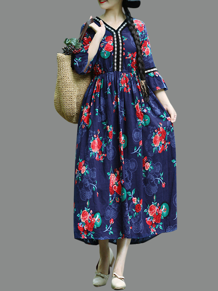 Vintage-Floral-Print-Bell-Sleeve-Loose-Mid-long-Dress-1336875