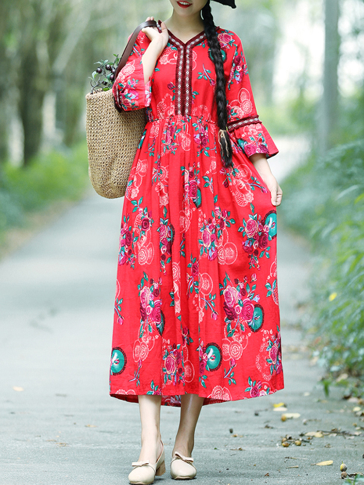 Vintage-Floral-Print-Bell-Sleeve-Loose-Mid-long-Dress-1336875