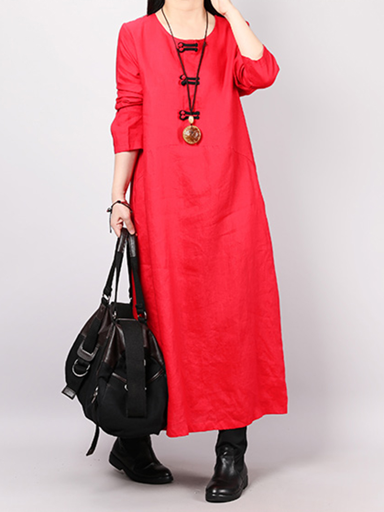 Vintage-Women-Loose--Solid-Color-Long-Sleeve-Dress-1416154