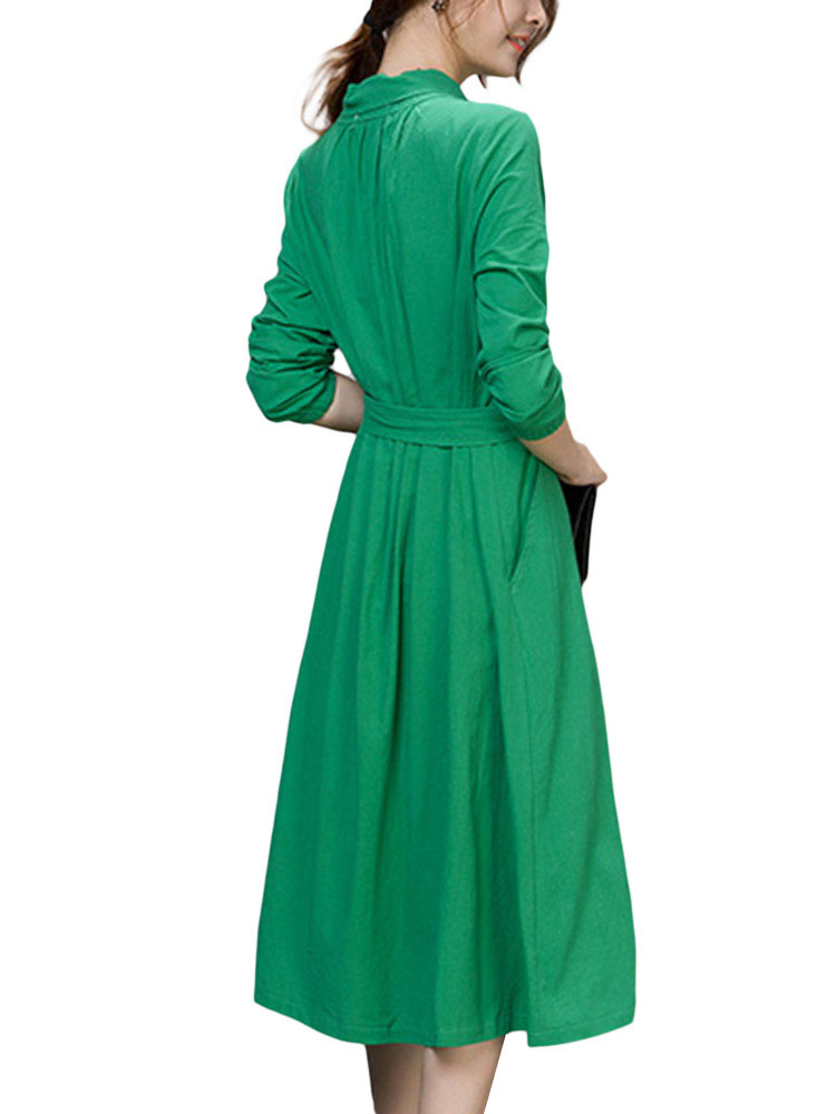 Bow-Belt-Work-Slim-Pure-Color-Long-Sleeve-V-Neck-Pocket-Women-Midi-Dress-1030470
