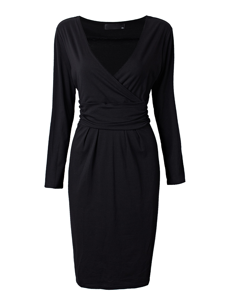 Elegant-Office-Lady-Black-V-Neck-Pleats-Bodycon-Work-Dress-1053065