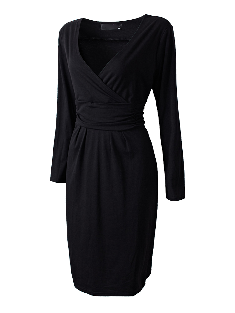 Elegant-Office-Lady-Black-V-Neck-Pleats-Bodycon-Work-Dress-1053065