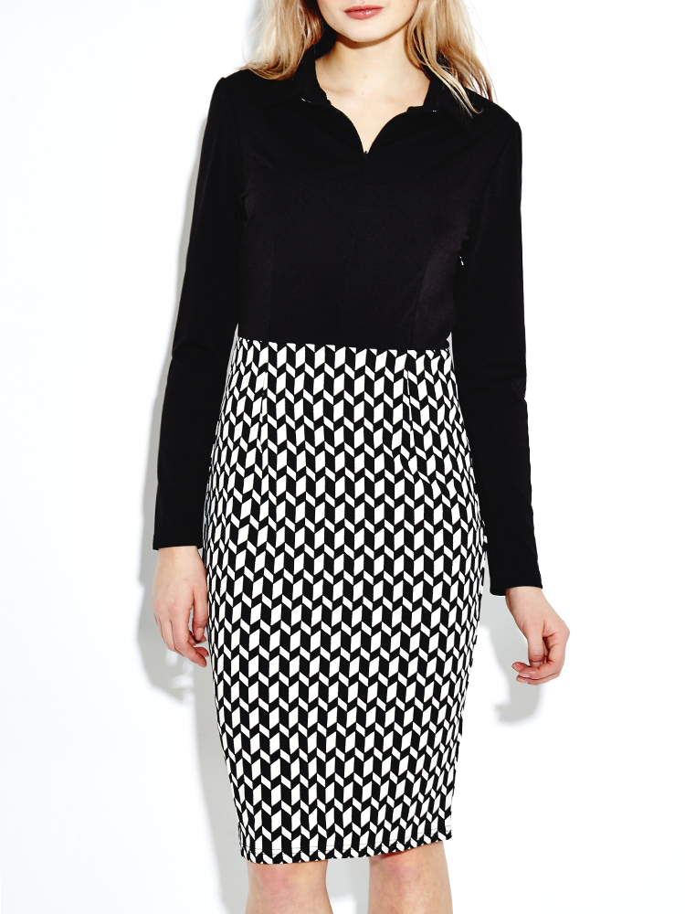 Elegant-Women-Lapel-Front-Zipper-Checked-Patchwork-Pencil-Dress-1062917
