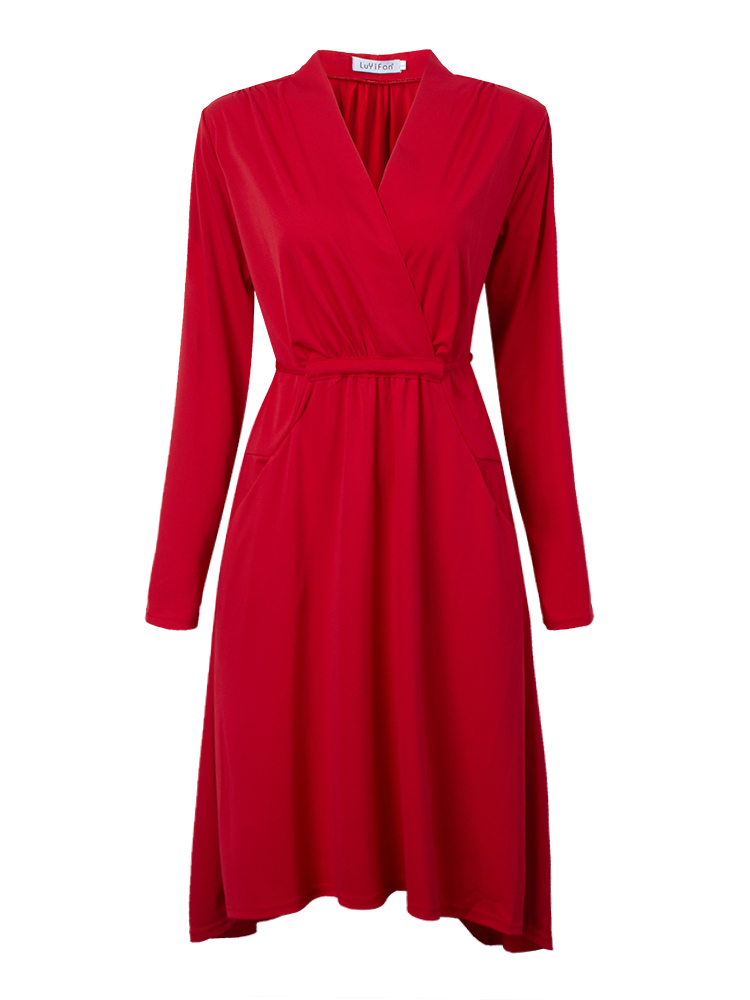 Elegant-Women-Solid-Deep-V-Neck-Irregular-Hem-Drawstring-Dress-1011007