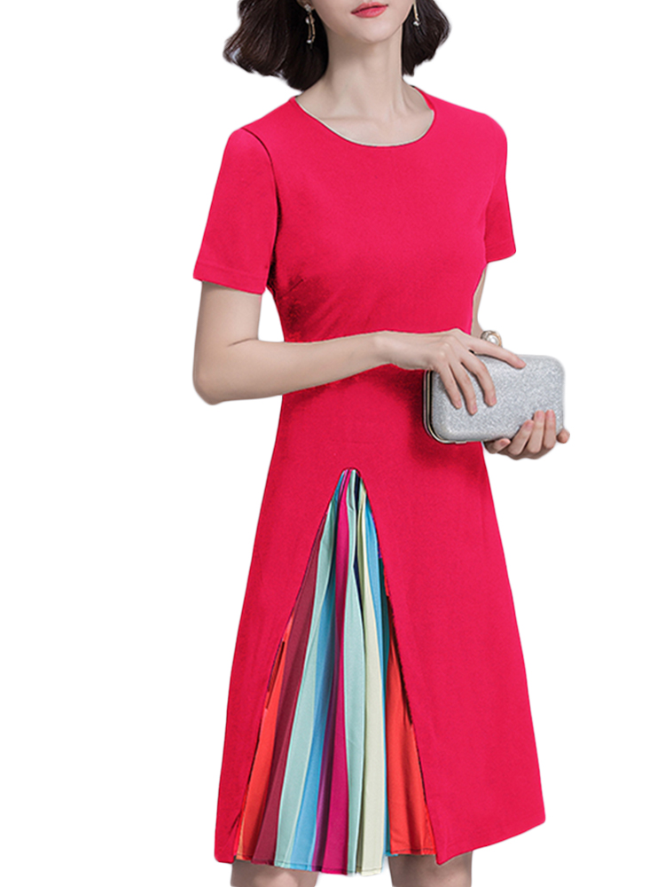 Striped-Print-Patchwork-O-Neck-Short-Sleeve-Knee-Length-Dress-For-Women-1137114