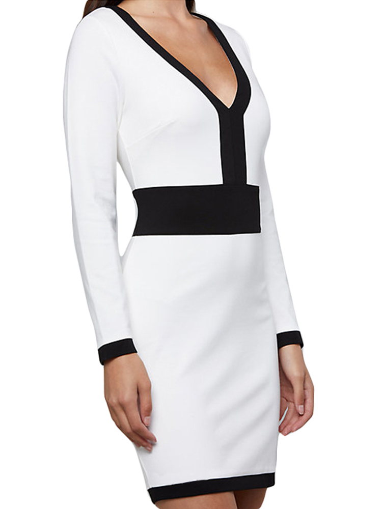 Women-V-Neck-Back-Zipper-Patchwork-Long-Sleeve-Dress-1398607