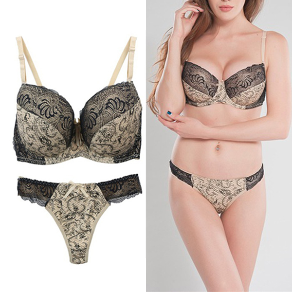 Plus-Size-D-E-Cup-Push-Up-Printed-Lace-Trimmed-Full-Coverage-Bra-Set-1200138