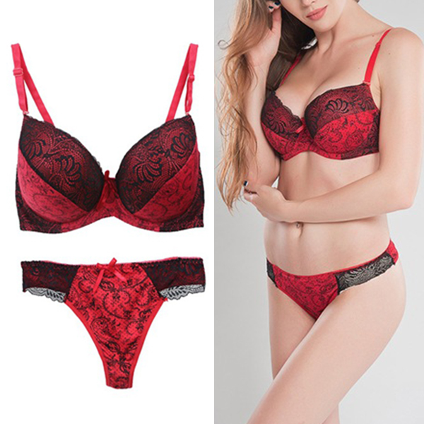 Plus-Size-D-E-Cup-Push-Up-Printed-Lace-Trimmed-Full-Coverage-Bra-Set-1200138