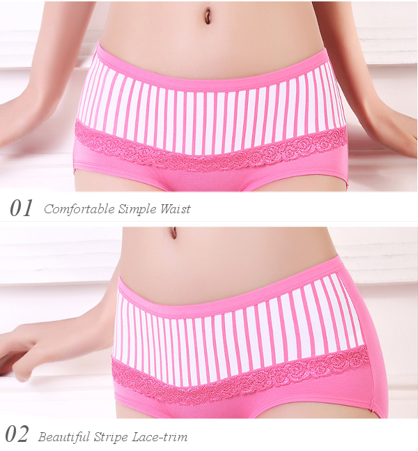 Women-Comfortable-Stripe-Lace-trim-Mid-Waist-Modal-Cotton-Underwear-Panties-1135229