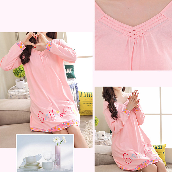 Comfy-Casual-Home-Dress-Long-Sleeve-Round-Collar-Cartoon-Pattern-Soft-Nightdress-For-Momen-1094843