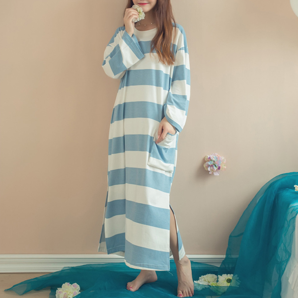 Cozy-Soft-Stripe-Long-Sleeve-Homewear-Round-Collar-Breathable-Sleepwear-1088090