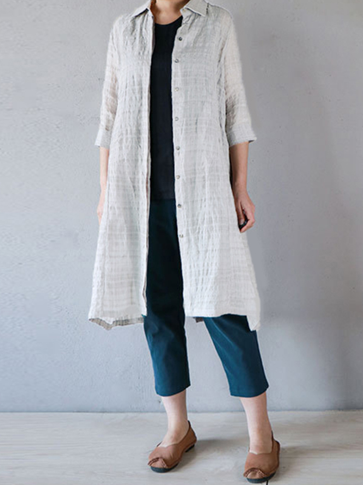 Casual-Women-Cotton-Turn-Down-Collar-34-Sleeve-Plaid-Button-Long-Cardigans-1314700