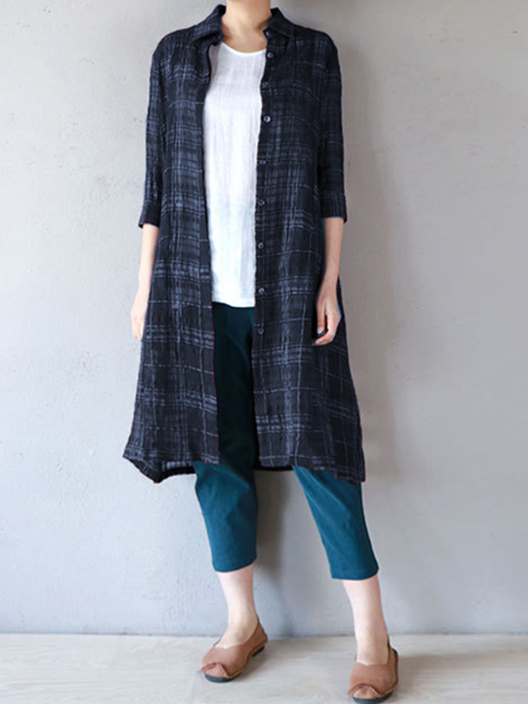 Casual-Women-Cotton-Turn-Down-Collar-34-Sleeve-Plaid-Button-Long-Cardigans-1314700
