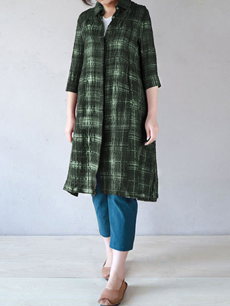 Casual-Women-Cotton-Turn-Down-Collar-34-Sleeve-Plaid-Button-Long-Cardigans-1314700