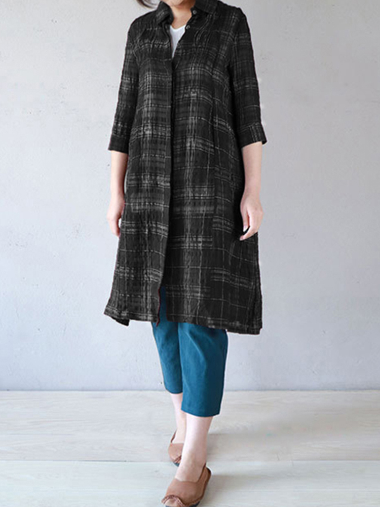 Casual-Women-Cotton-Turn-Down-Collar-34-Sleeve-Plaid-Button-Long-Cardigans-1314700