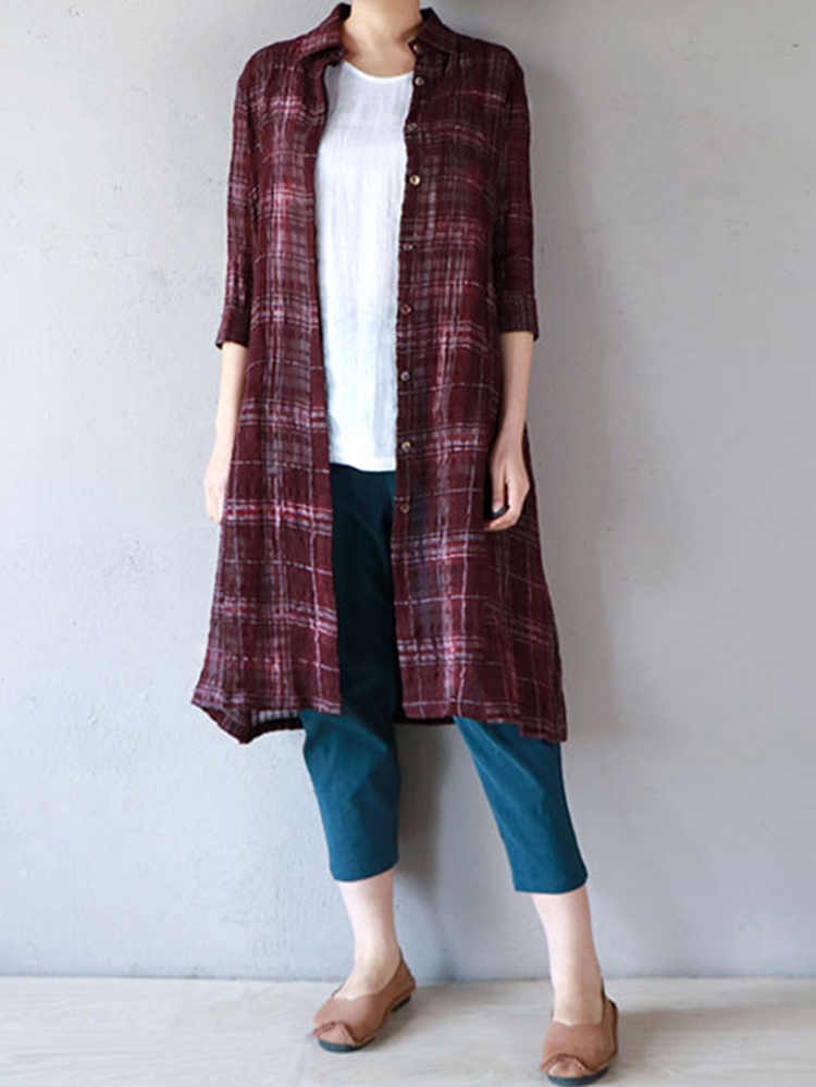 Casual-Women-Cotton-Turn-Down-Collar-34-Sleeve-Plaid-Button-Long-Cardigans-1314700