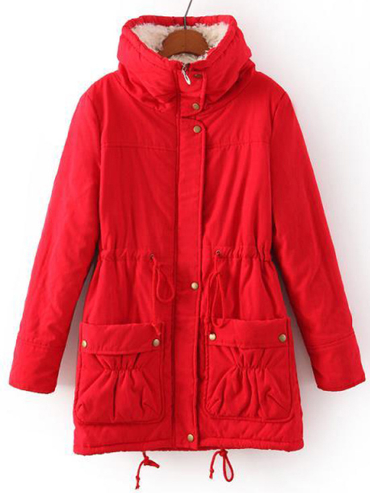 Casual-Loose-Solid-Color-Drawstring-Waist-Thicken-Hooded-Women-Coats-1204985