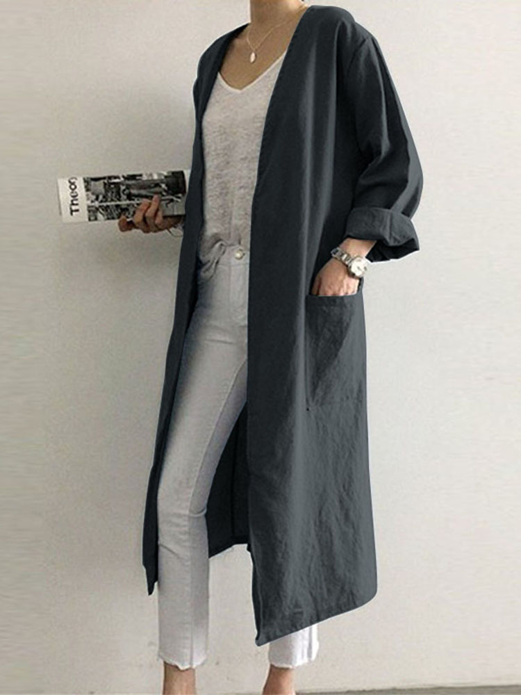 Retro-Women-Solid-Color-Casual-Cotton-Long-Cardigans-with-Pockets-1379395