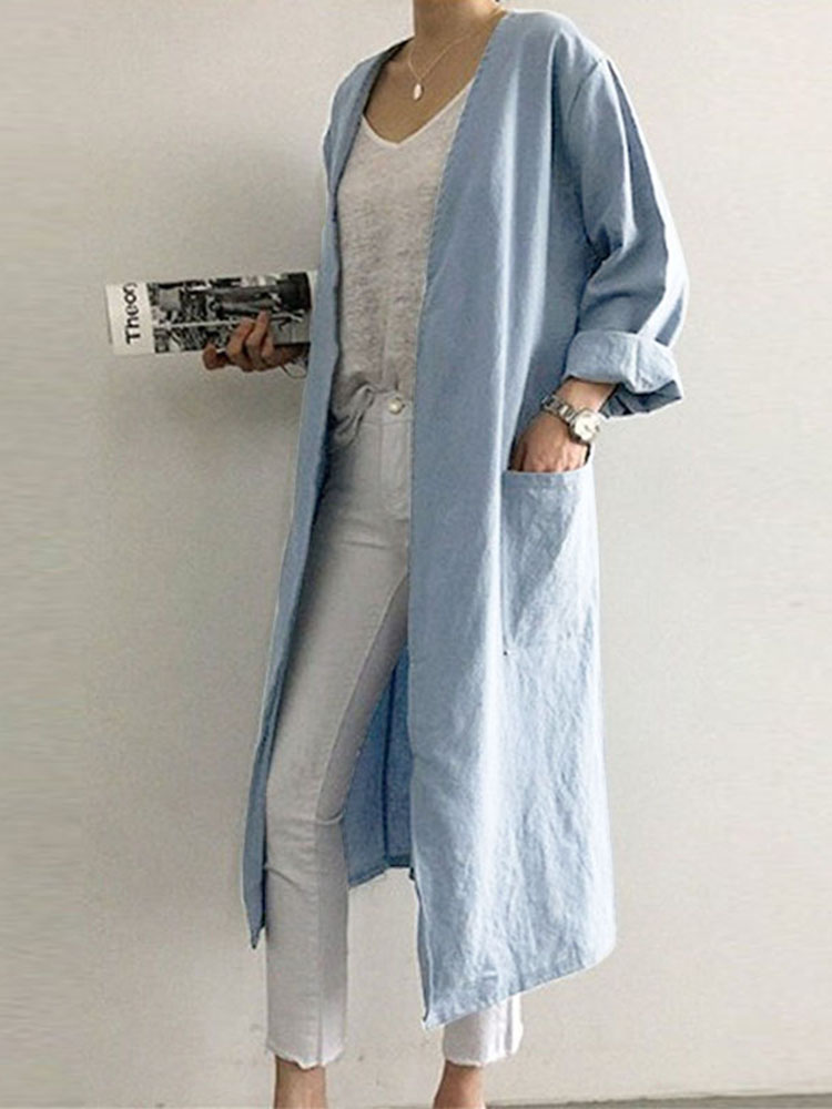 Retro-Women-Solid-Color-Casual-Cotton-Long-Cardigans-with-Pockets-1379395