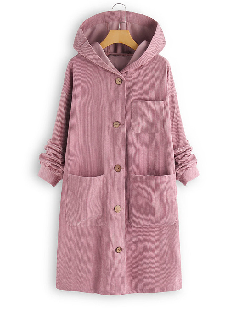 Women-Solid-Color-Button-Corduroy-Hooded-Trench-Coats-1408512