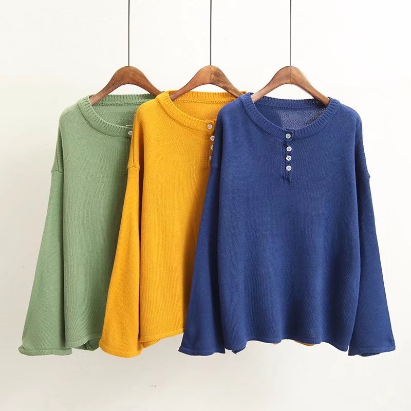 Casual-Women-O-Neck-Long-Sleeve-Pure-Color-Sweater-with-Button-1210152