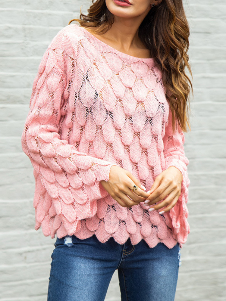 Casual-Women-Solid-Color-Round-Neck-Trumpet-Sleeve-Loose-Hollow-Feather-Knit-Sweaters-1370346