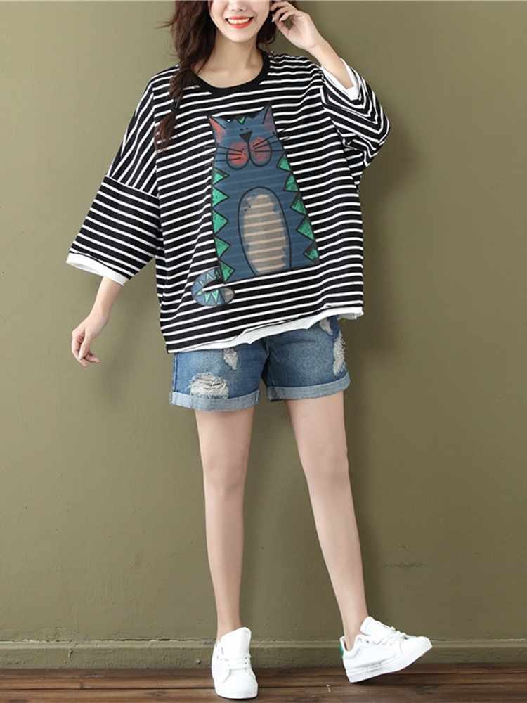 5XL-Women-Cotton-Stripe-Three-Quarter-Sleeve-Shirts-1284475