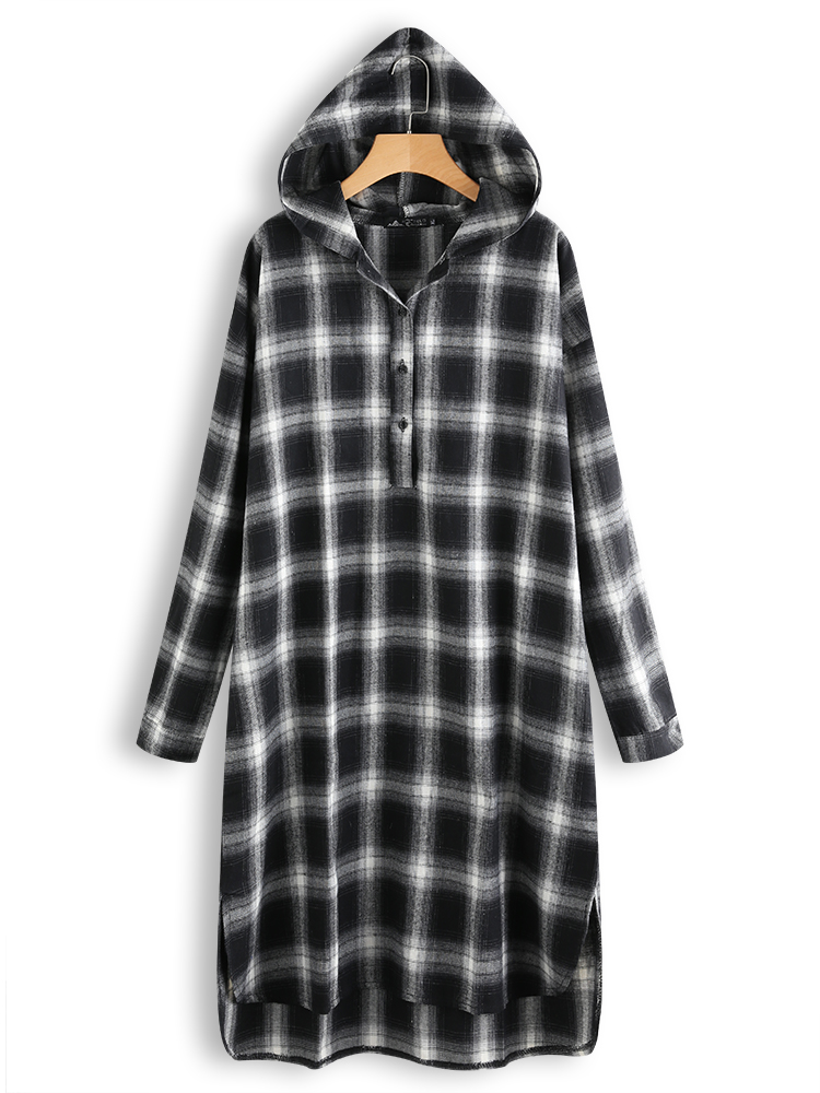 Casual-Grid-Long-Sleeve-Split-Hem-Hooded-Shirt-Dress-For-Women-1367482