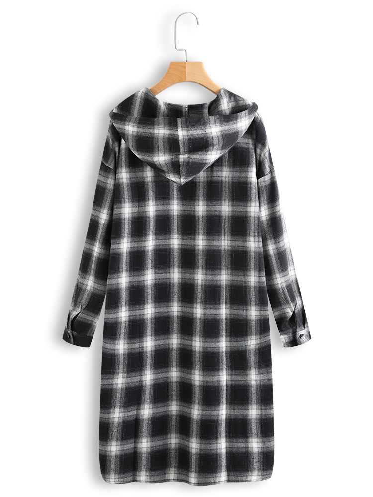 Casual-Grid-Long-Sleeve-Split-Hem-Hooded-Shirt-Dress-For-Women-1367482