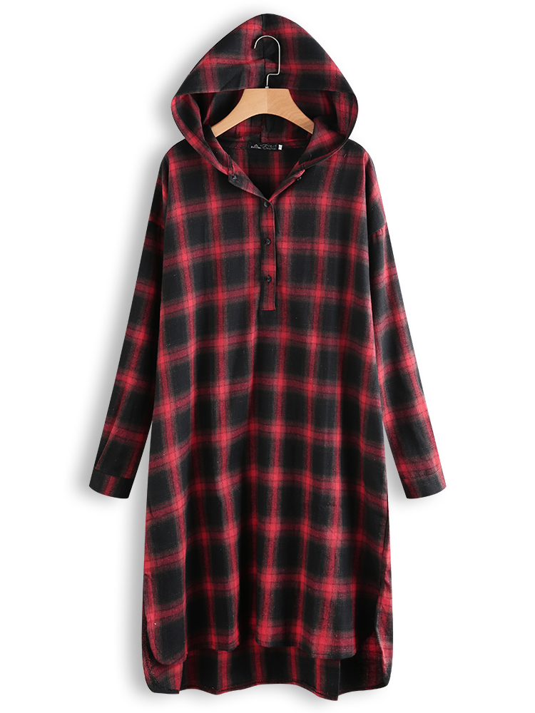 Casual-Grid-Long-Sleeve-Split-Hem-Hooded-Shirt-Dress-For-Women-1367482