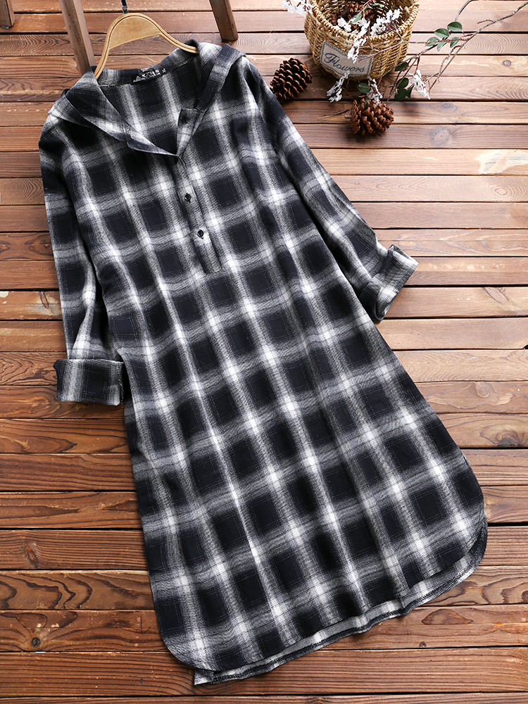 Casual-Grid-Long-Sleeve-Split-Hem-Hooded-Shirt-Dress-For-Women-1367482