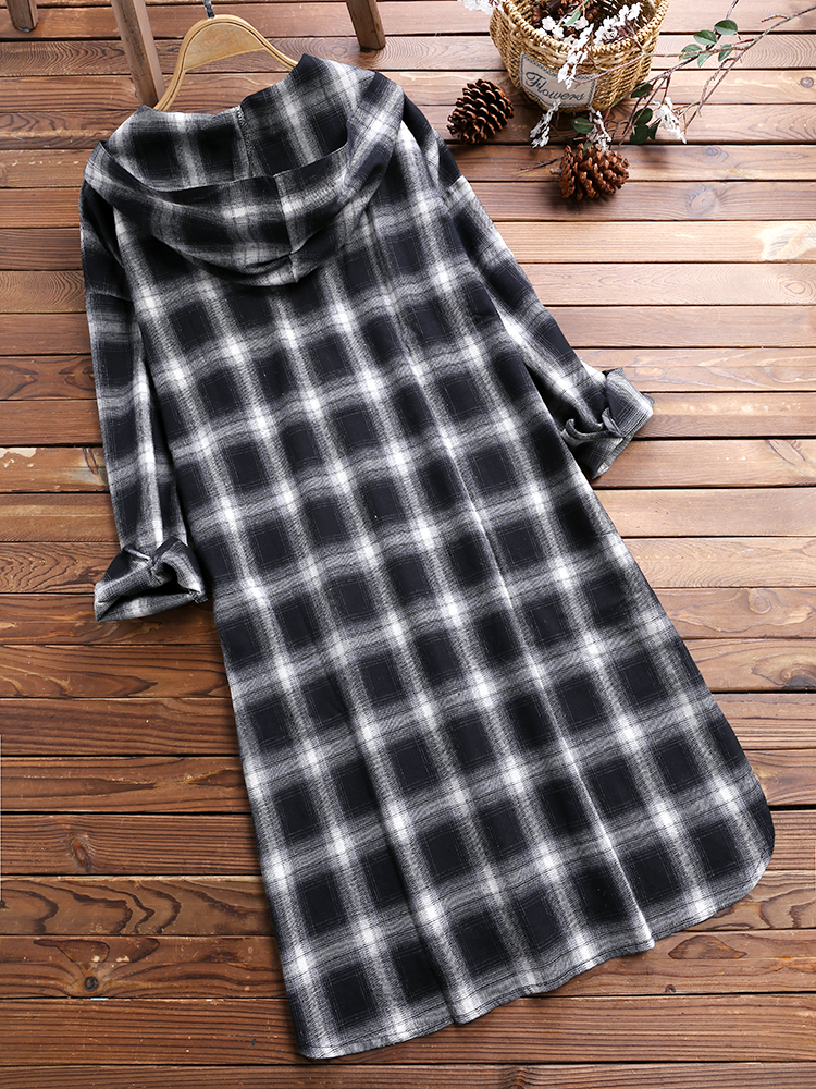 Casual-Grid-Long-Sleeve-Split-Hem-Hooded-Shirt-Dress-For-Women-1367482