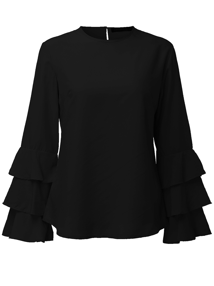 Elegant-Women-Blouse-Solid-Color-Bell-Sleeve-O-Neck-T-Shirt-1120840