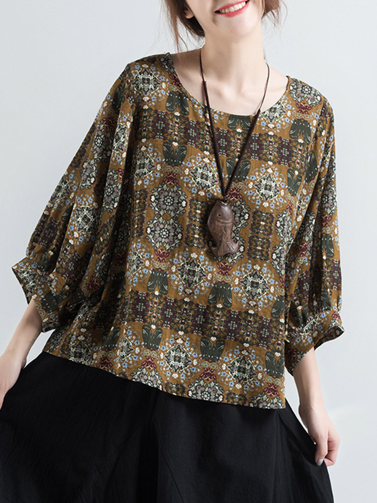 Women-Vintage-Ethnic-Printed-o-neck-Puff-Sleeve-Blouse-1344610