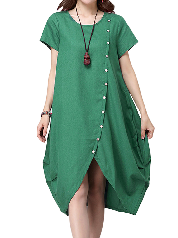 Casual-Button-Pleats-Asymmetrical-Hem-Women-Linen-Dress-1051170